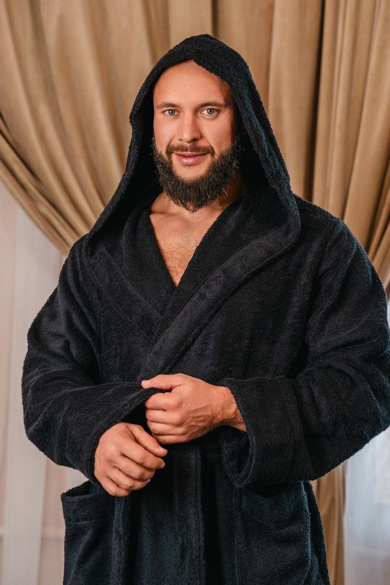 снимок Халат махровый с капюшоном, чёрный от магазина BIO-TEXTILES ОПТ