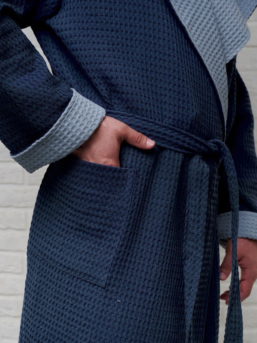 снимок Халат вафельный с капюшоном, два цвета, темно-синий от магазина BIO-TEXTILES ОПТ
