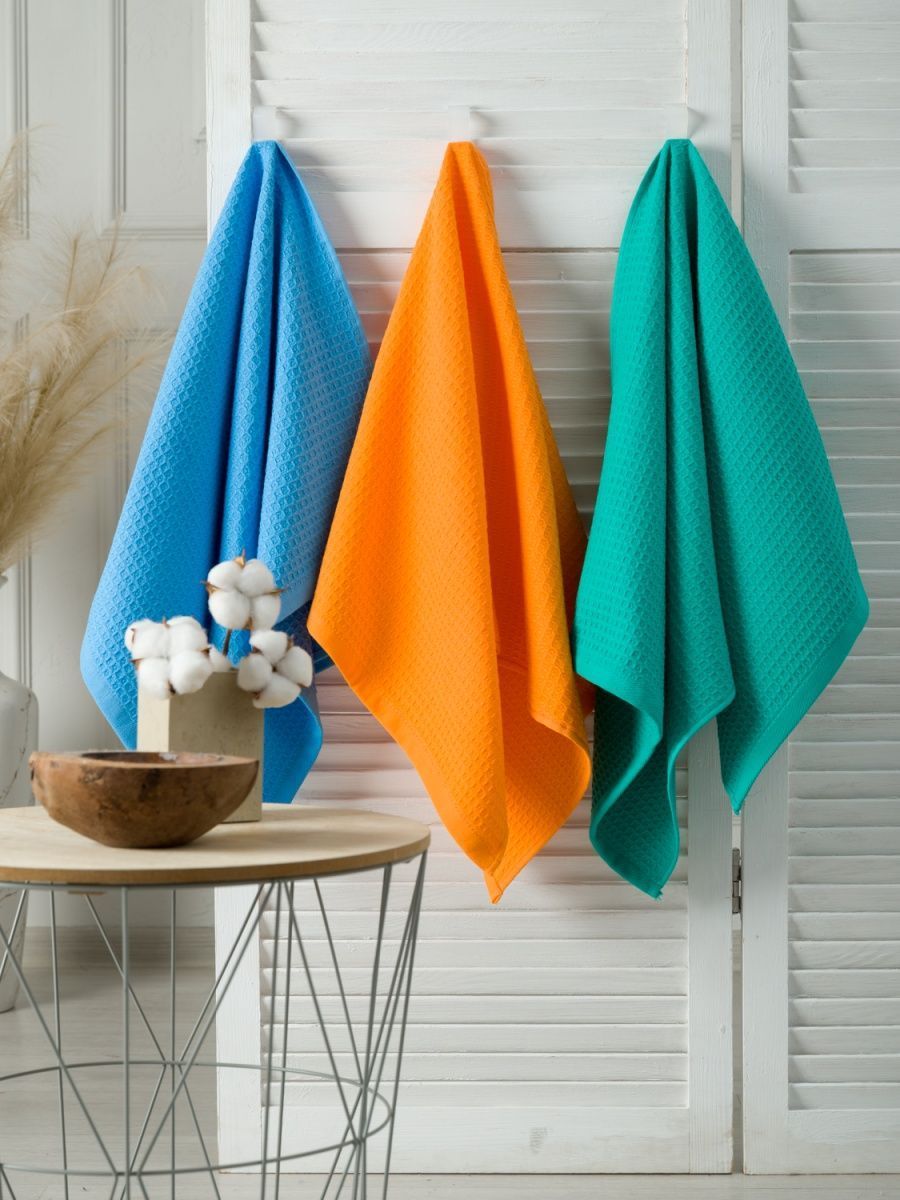 снимок Набор вафельных полотенец 3 шт (50*90) зеленый, голубой, оранжевый от магазина BIO-TEXTILES ОПТ