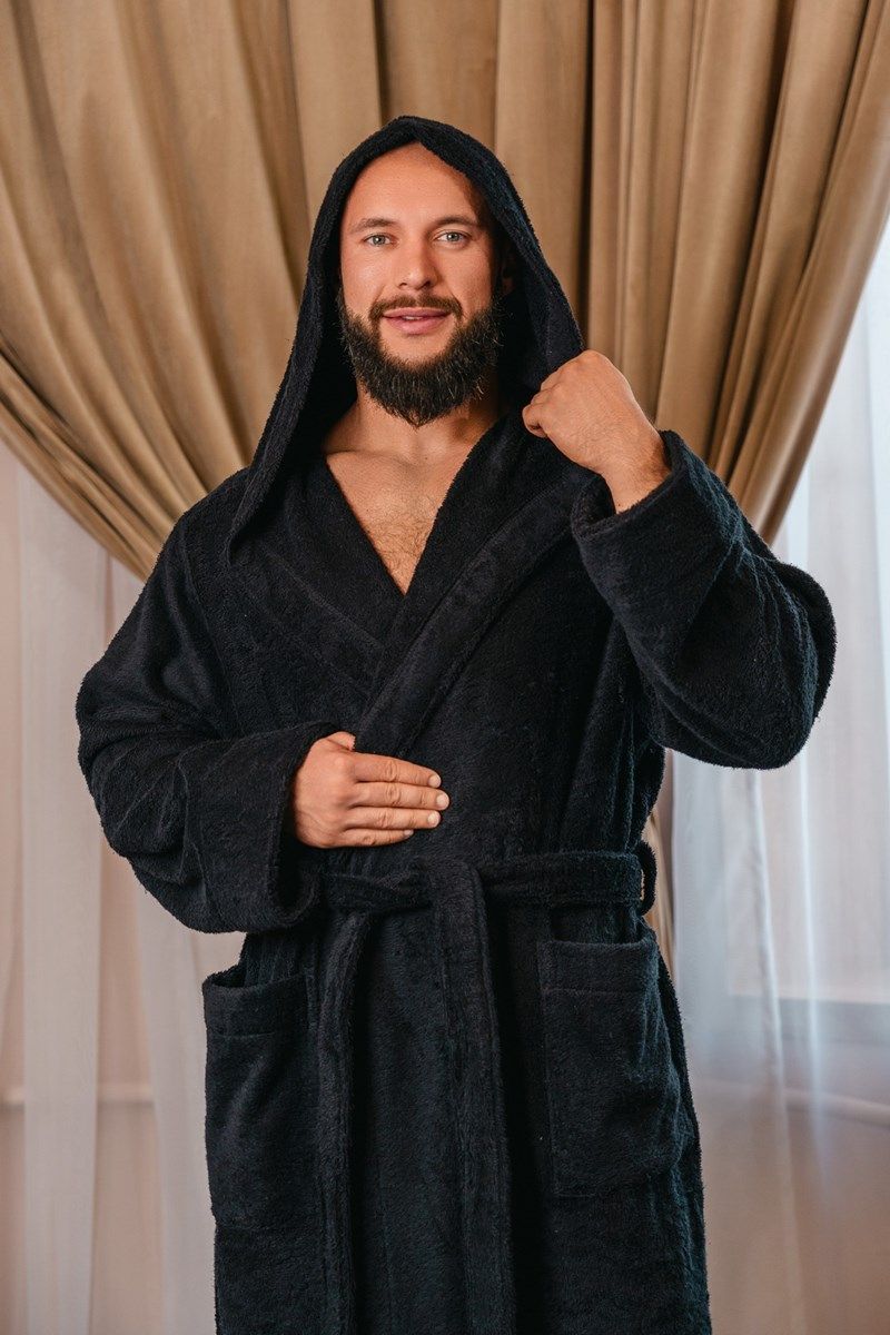 снимок Халат махровый с капюшоном, чёрный от магазина BIO-TEXTILES ОПТ
