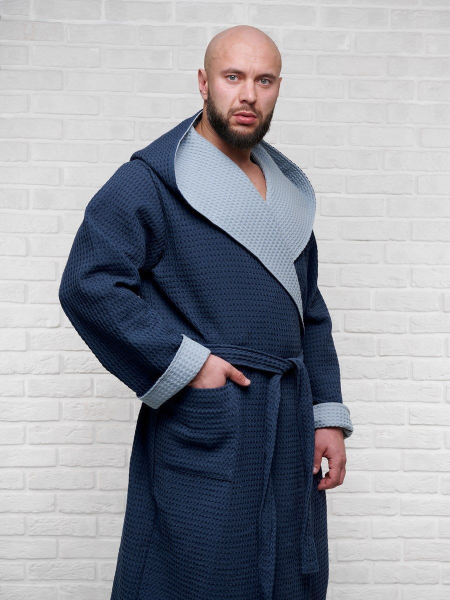 снимок Халат вафельный с капюшоном, два цвета, темно-синий от магазина BIO-TEXTILES ОПТ