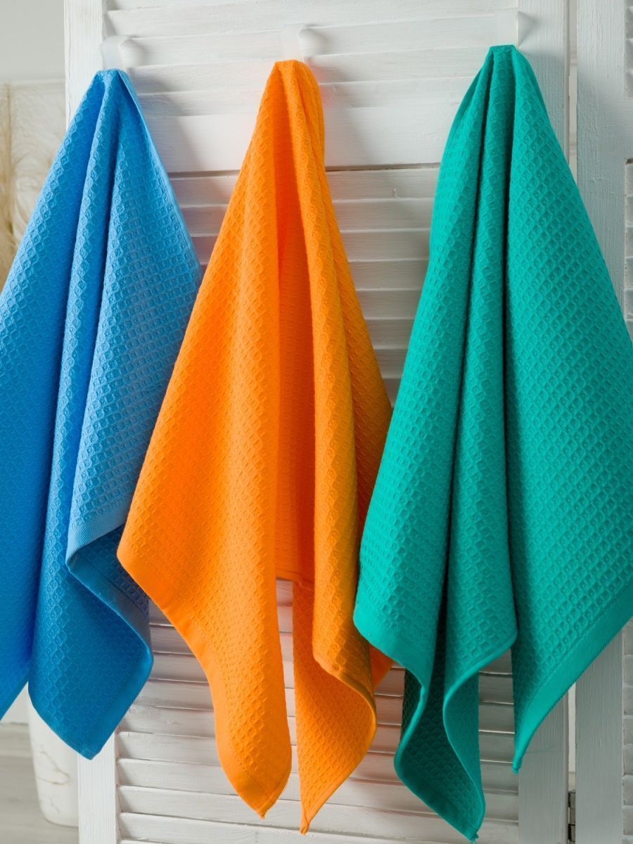 снимок Набор вафельных полотенец 3 шт (50*90) зеленый, голубой, оранжевый от магазина BIO-TEXTILES ОПТ
